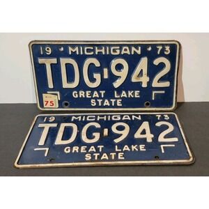 Michigan Pair 1973 Blue License Plates TDG-942 Glass Bead Schmaltz‎ Paint